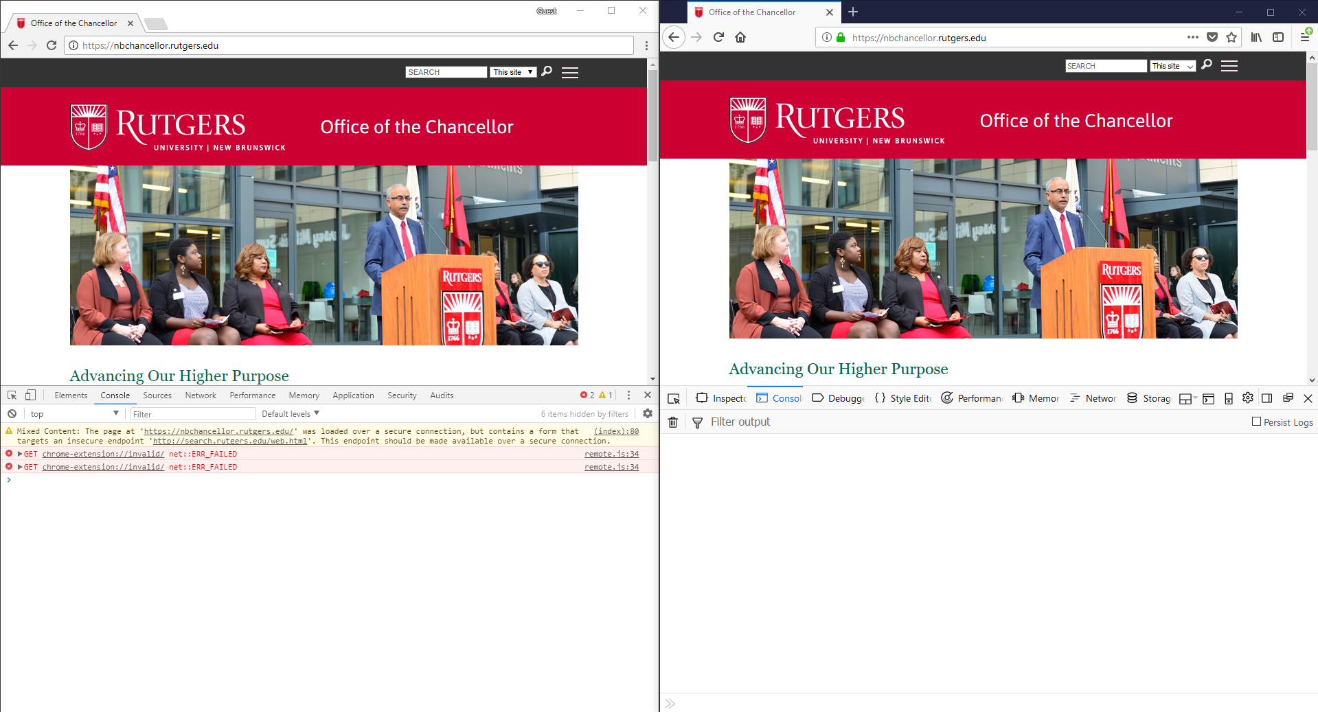 The console tab of the developer tools of Chrome (left) and Firefox(right)