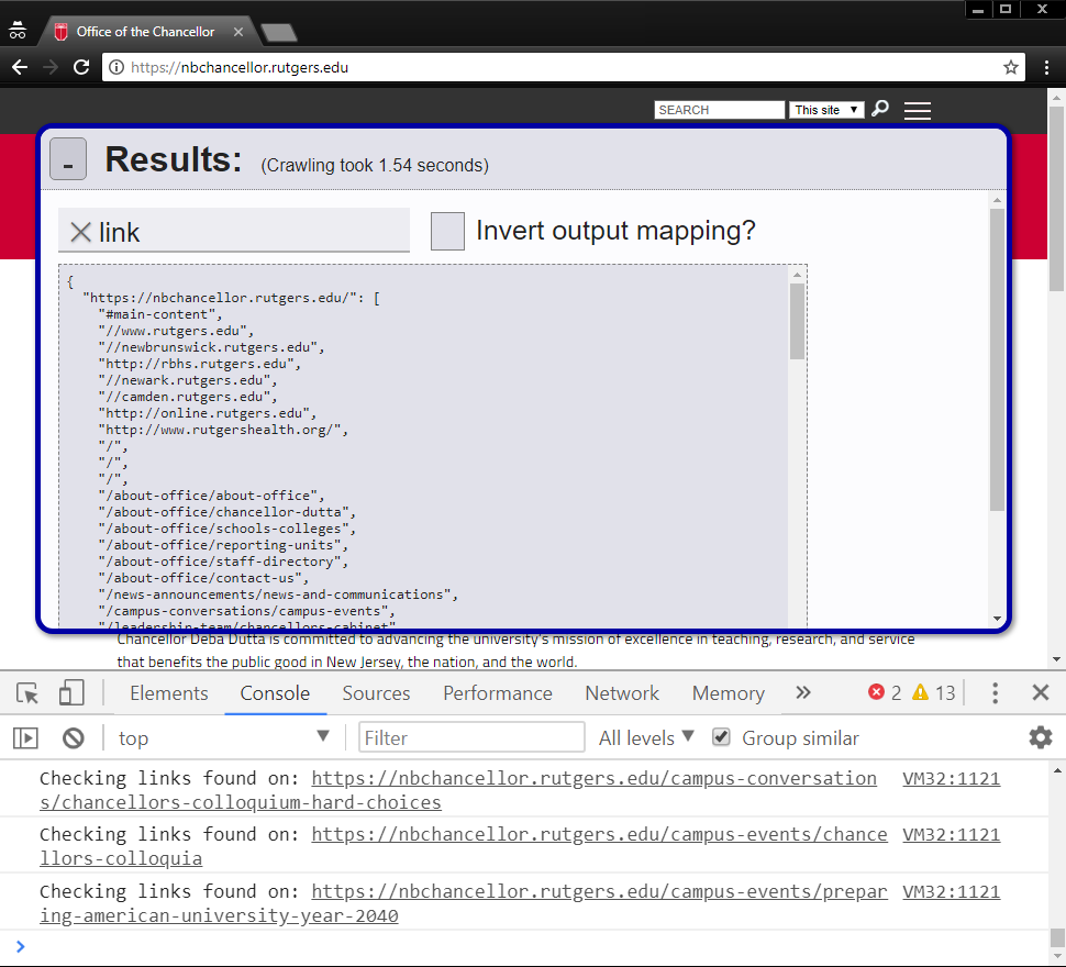 The results modal, which lays over the page. It reports information found during the crawl.