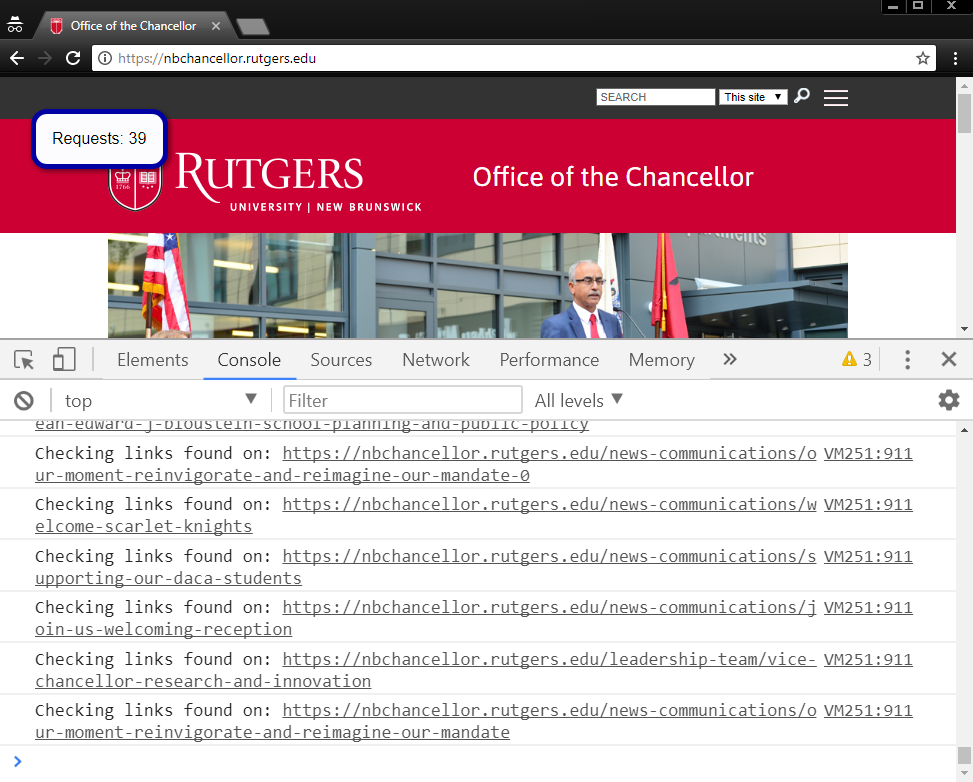 A browser window running the crawler script. The script prints many messages to the browser console while crawling.